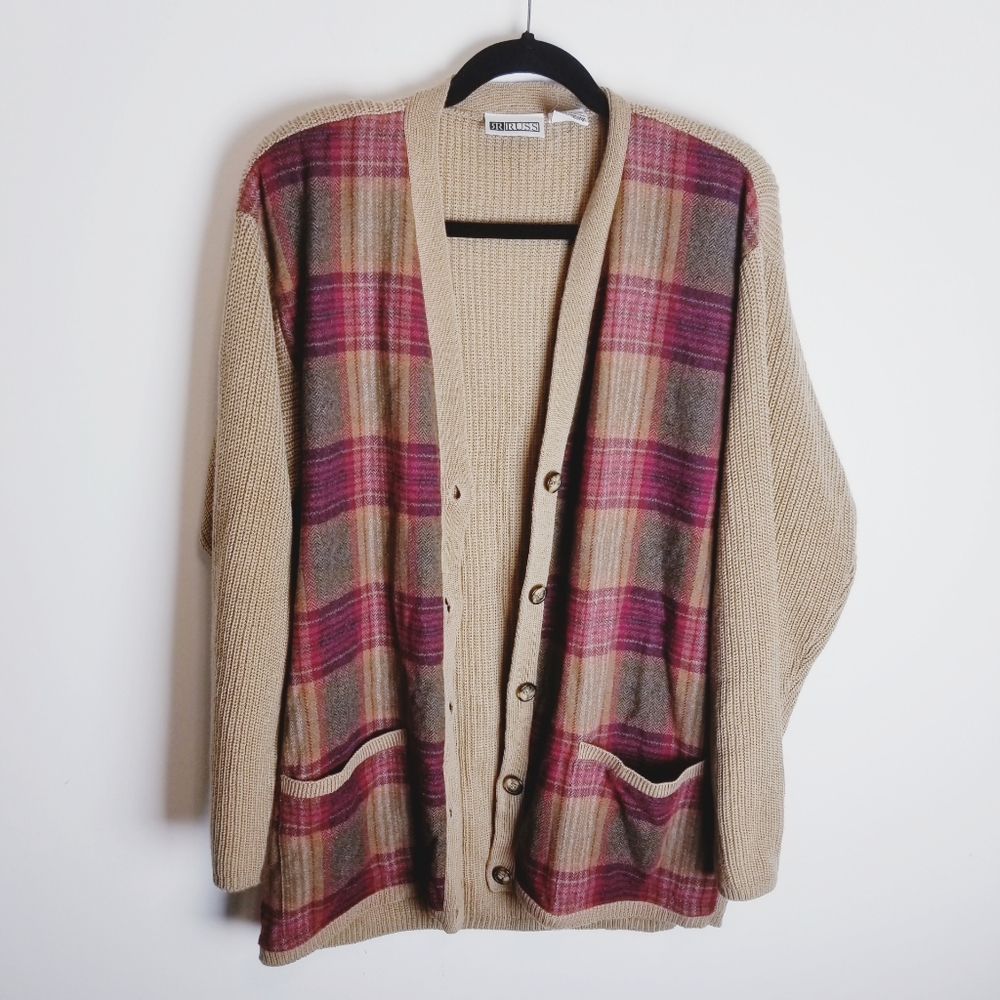 Vintage plaid wool grandpa cardigan cable sweater